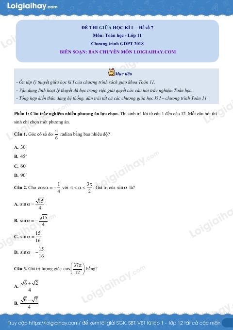 Đề thi giữa kì 1 Toán 11 Cánh diều - Đề số 7